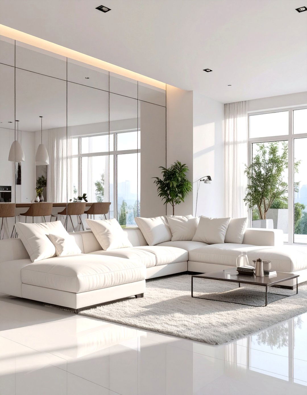 White Living Room with a Mirrored Wall - 30 white living room ideas