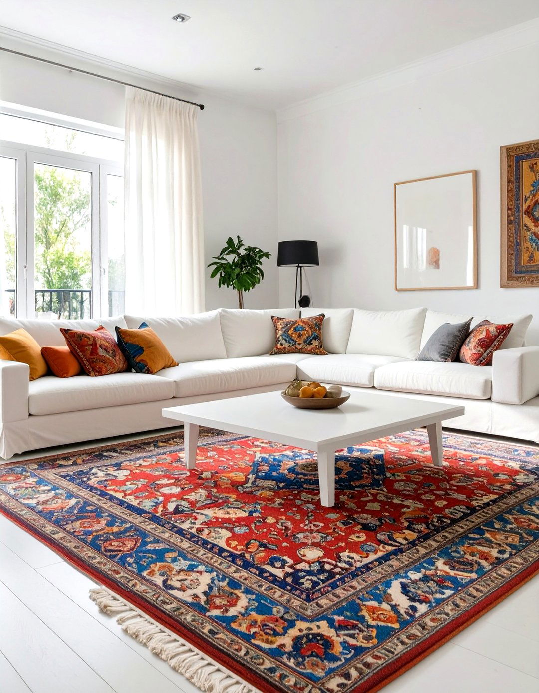 White Living room with a Statement Rug - 30 white living room ideas