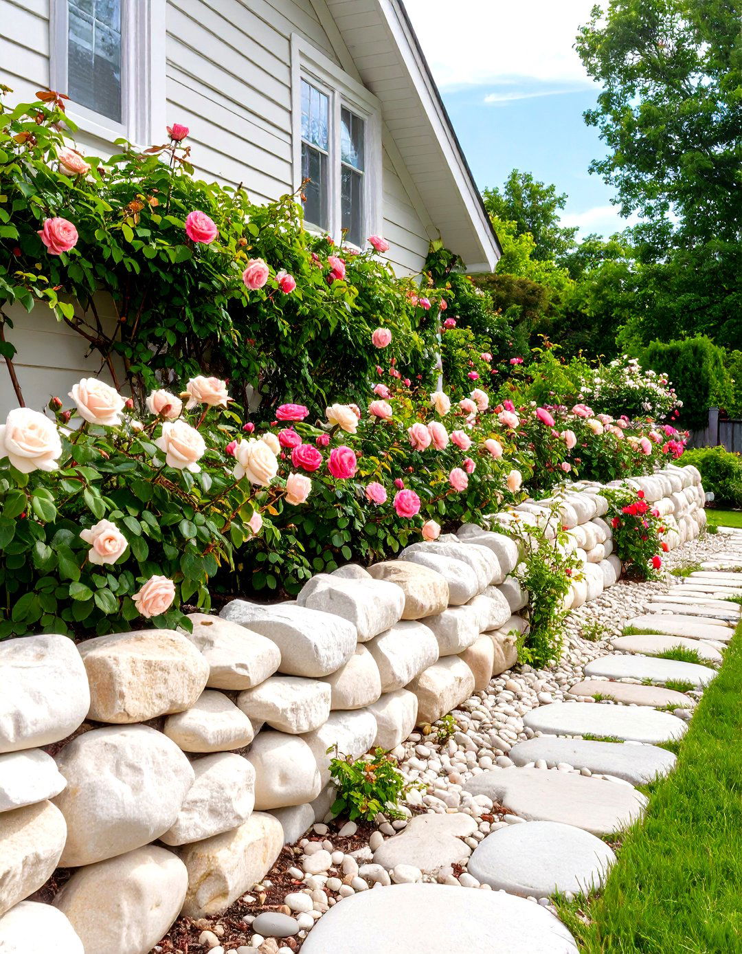 White Mortared Stone Retaining Wall - 30 front yard retaining wall ideas
