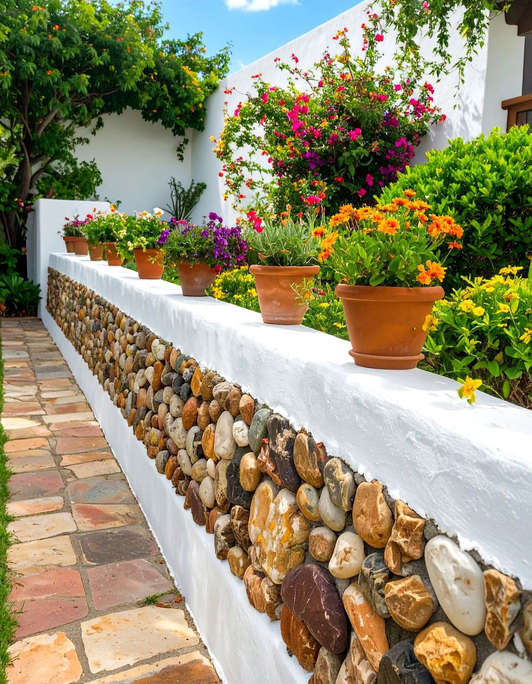 White Mortared Stone Retaining Wall - 30 backyard retaining wall ideas
