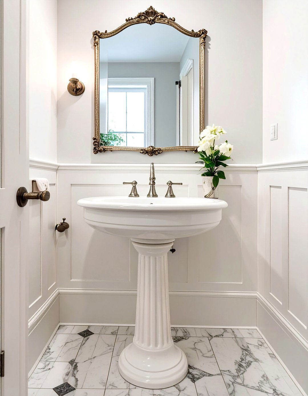 White Pedestal Sink for a Vintage Look - 30 small white bathroom ideas