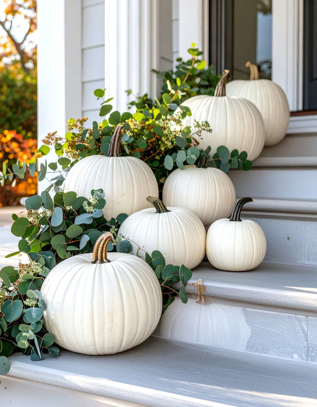White Pumpkin and Greenery Arrangements - 30 outdoor fall decor ideas