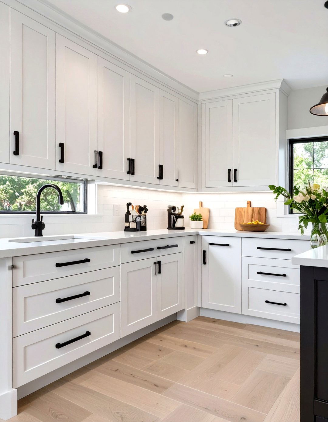 White Shaker Cabinets with Matte Black Hardware - 30 transitional kitchen design ideas