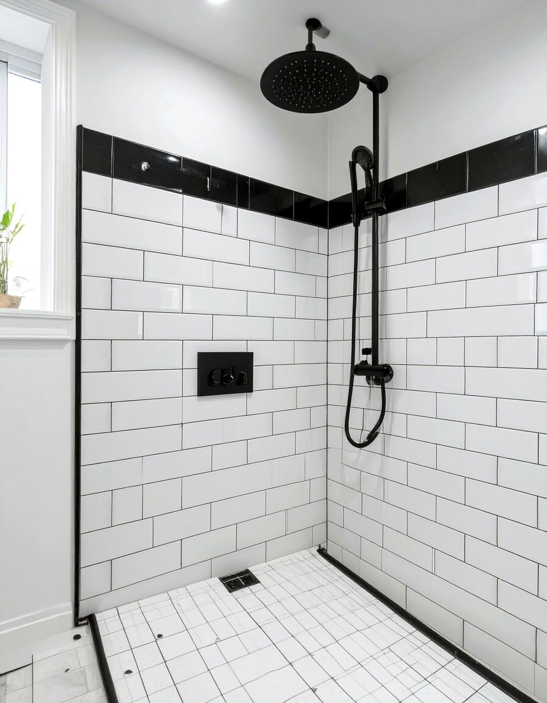 White Shower Tile with a Black Grout - 30 white shower tile ideas