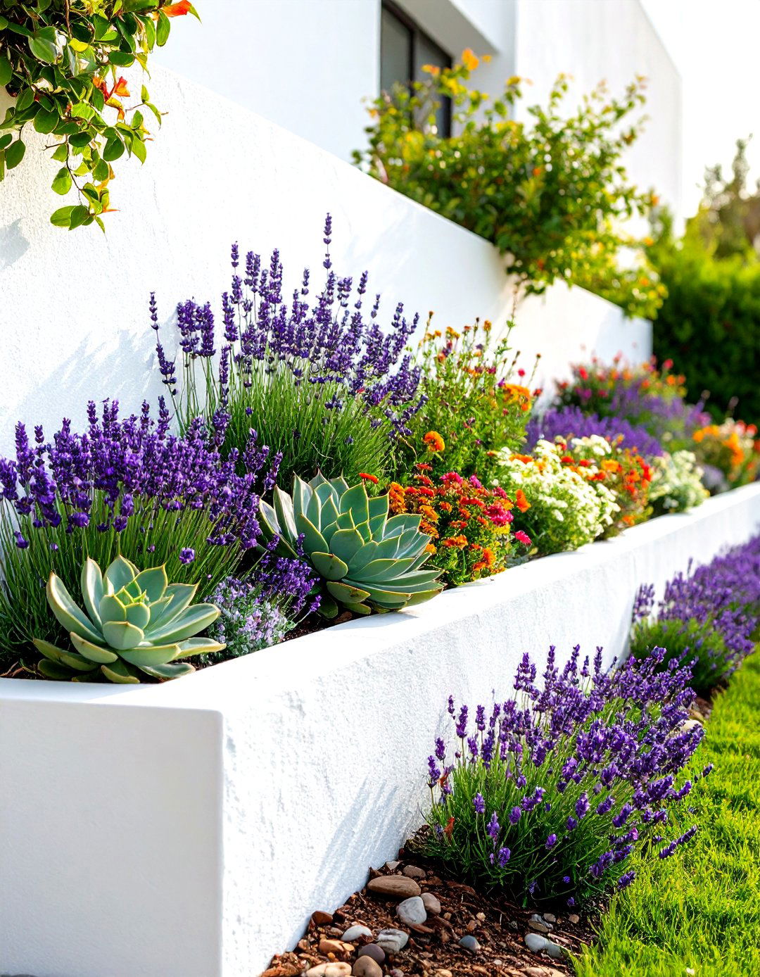 White Stucco Finish Retaining Wall for a Mediterranean Vibe - 30 retaining wall ideas for sloped front yard