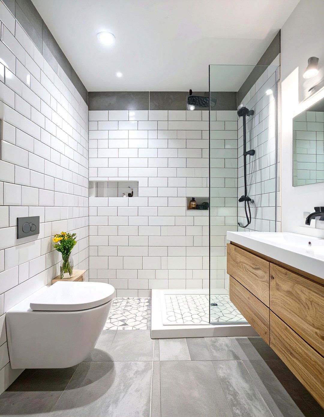 White Subway Tiles with Dark Grout - 30 small white bathroom ideas
