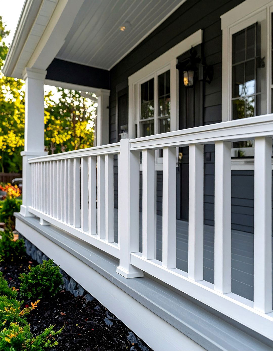 White Vinyl Porch Railing with Modern Lines - 30 modern front porch railing ideas