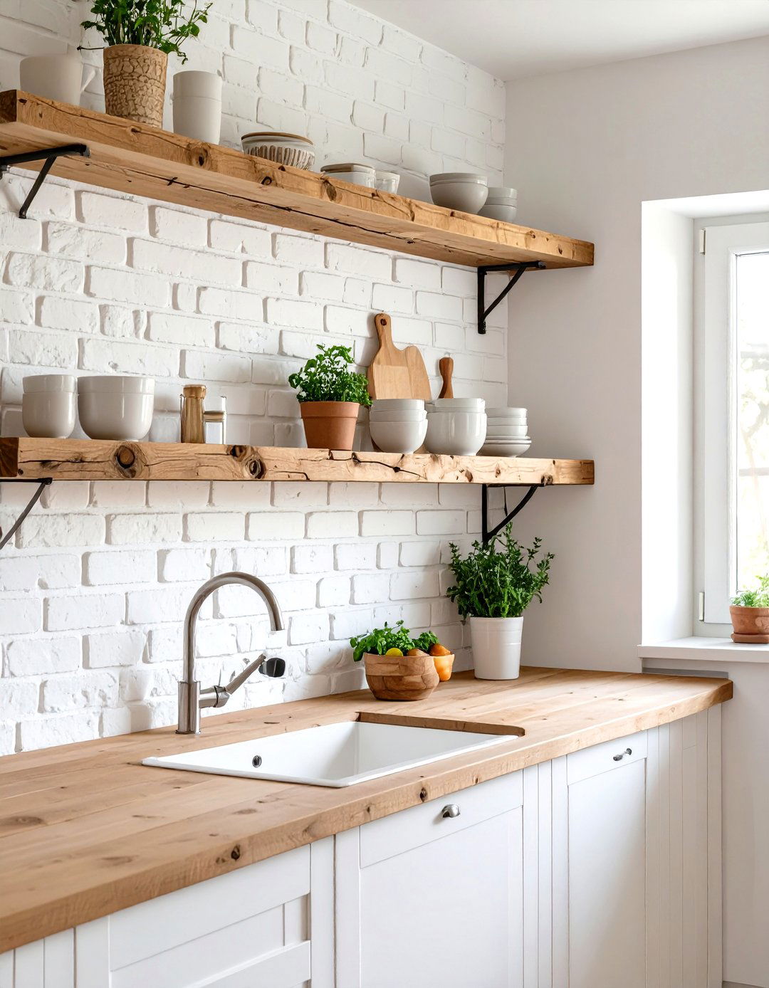 White Washed Brick Accents in a Small Country Kitchen - 30 small country kitchen ideas