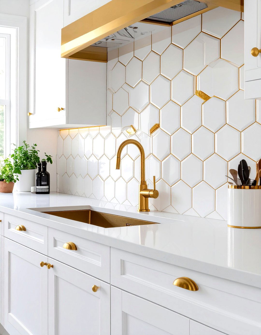White and Gold Grout Backsplash - 30 white kitchen backsplash ideas
