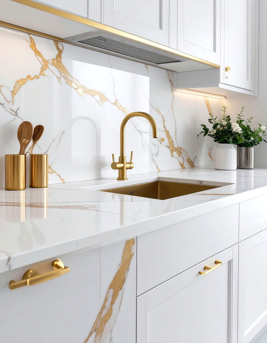 White and Gold Marble Backsplash - 30 white backsplash ideas