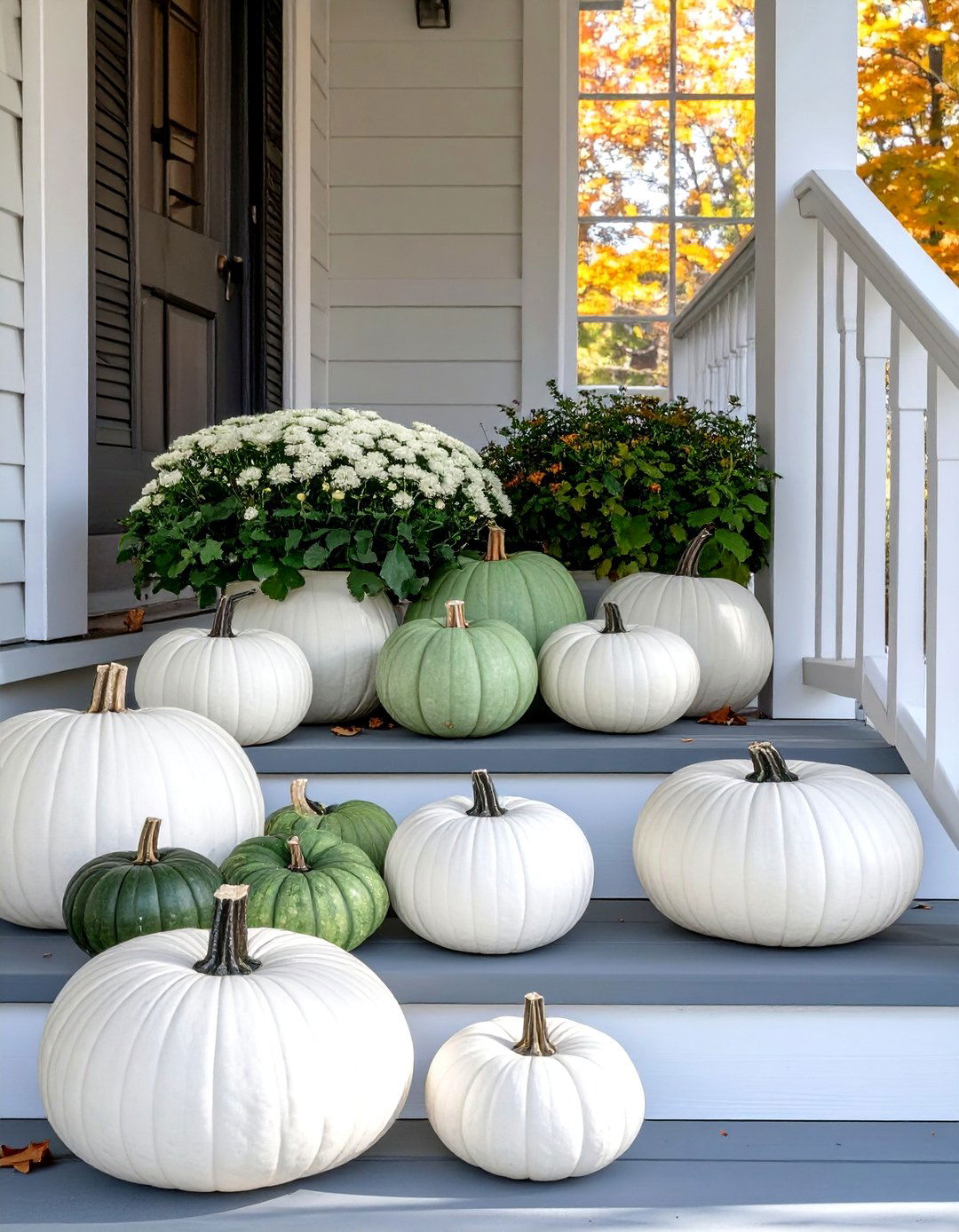 White and Green Pumpkin Scheme - 30 small front porch fall decorating ideas