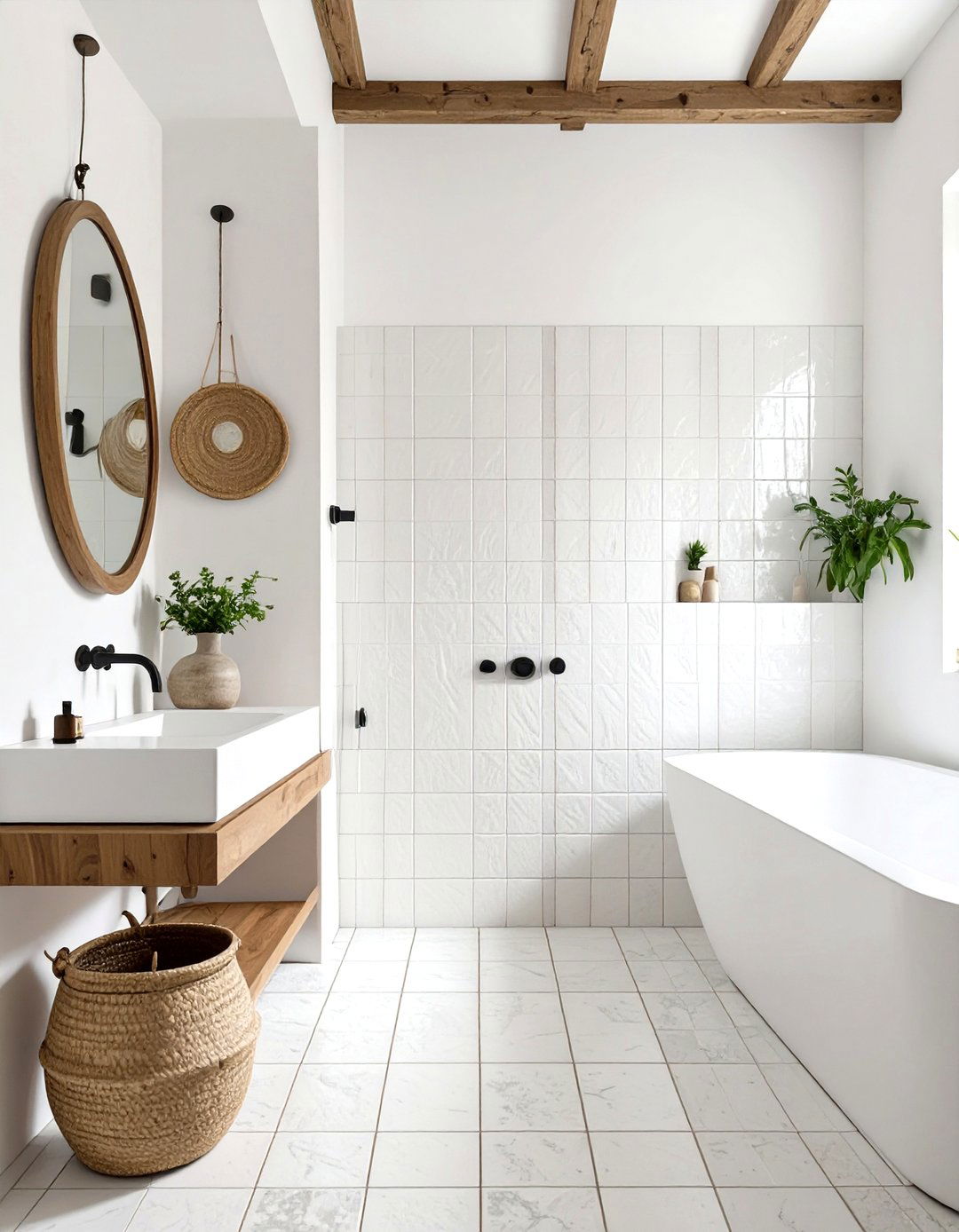 White and Wood Look Tile Combination - 30 white bathroom tile ideas