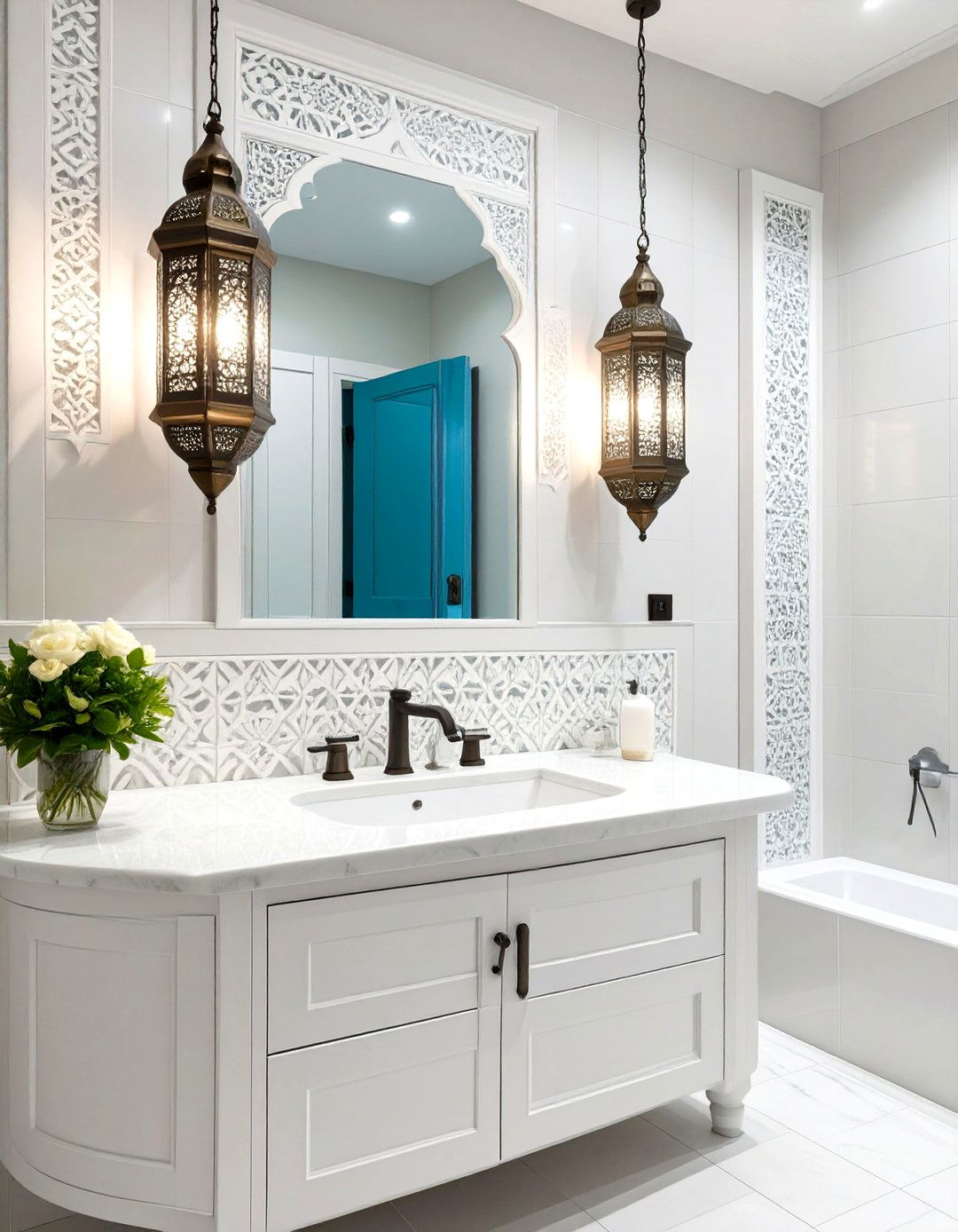 White and Wood Look Tile Combination - 30 white bathroom tile ideas