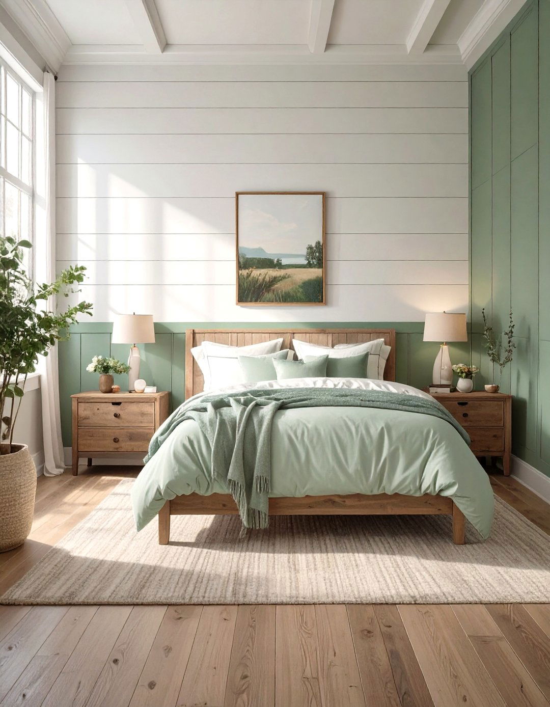 Whitewashed Shiplap and Sage Green Lower Wall - 30 rustic sage green bedroom ideas