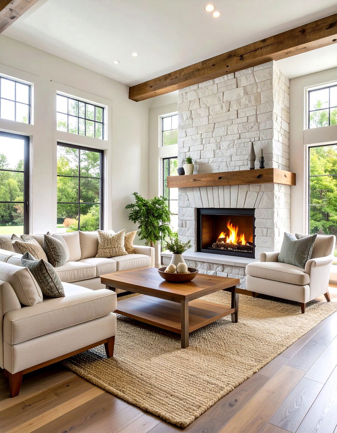 Whitewashed Stone Farmhouse Fireplace - 30 living room stone fireplace ideas