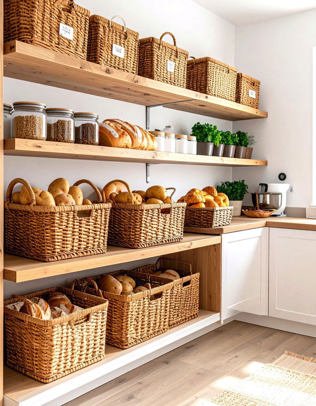 Wicker Basket Pantry on Shelves - 30 pantry ideas for small kitchen