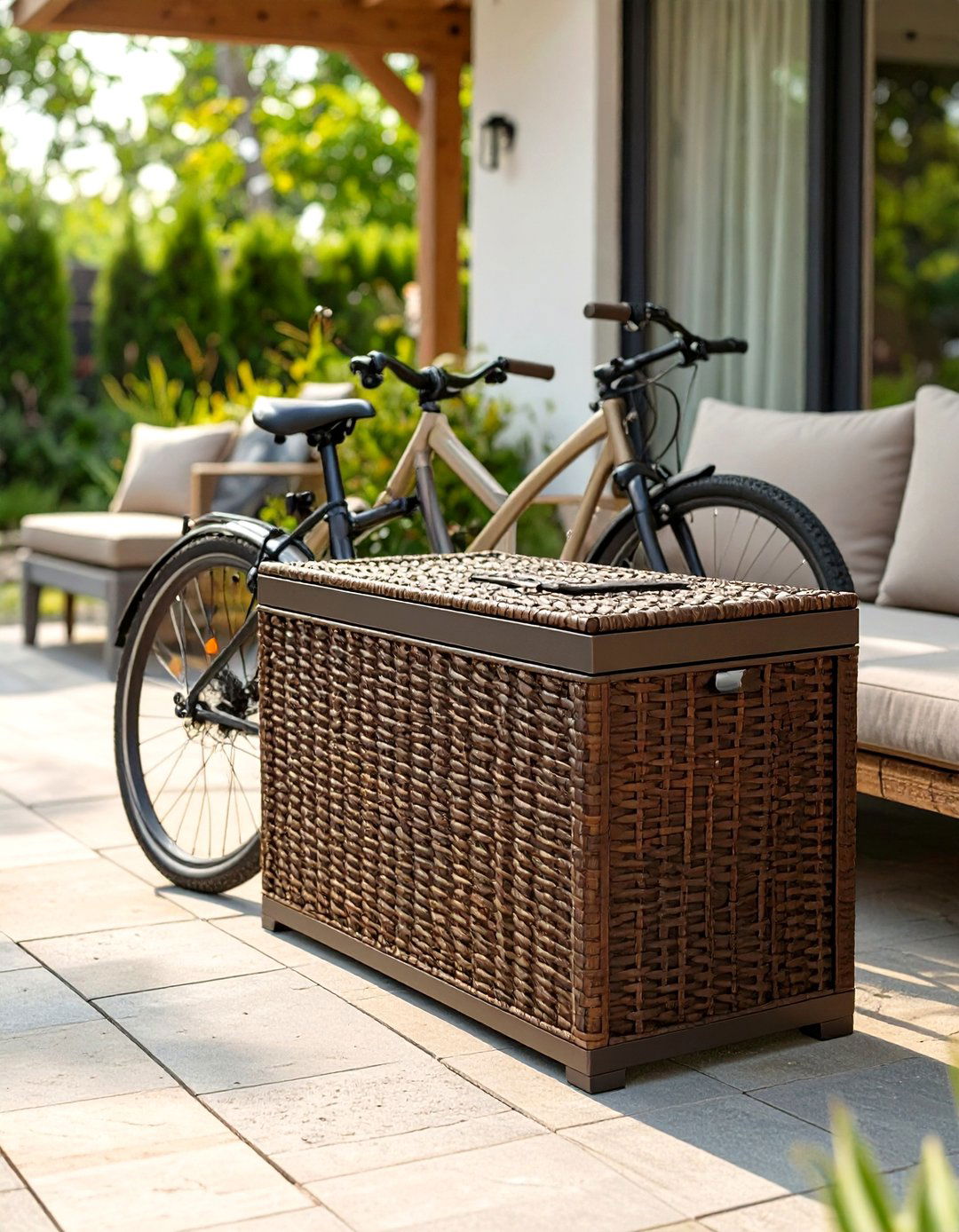 Wicker Style Resin Deck Box for Bikes - 30 outdoor bike storage ideas
