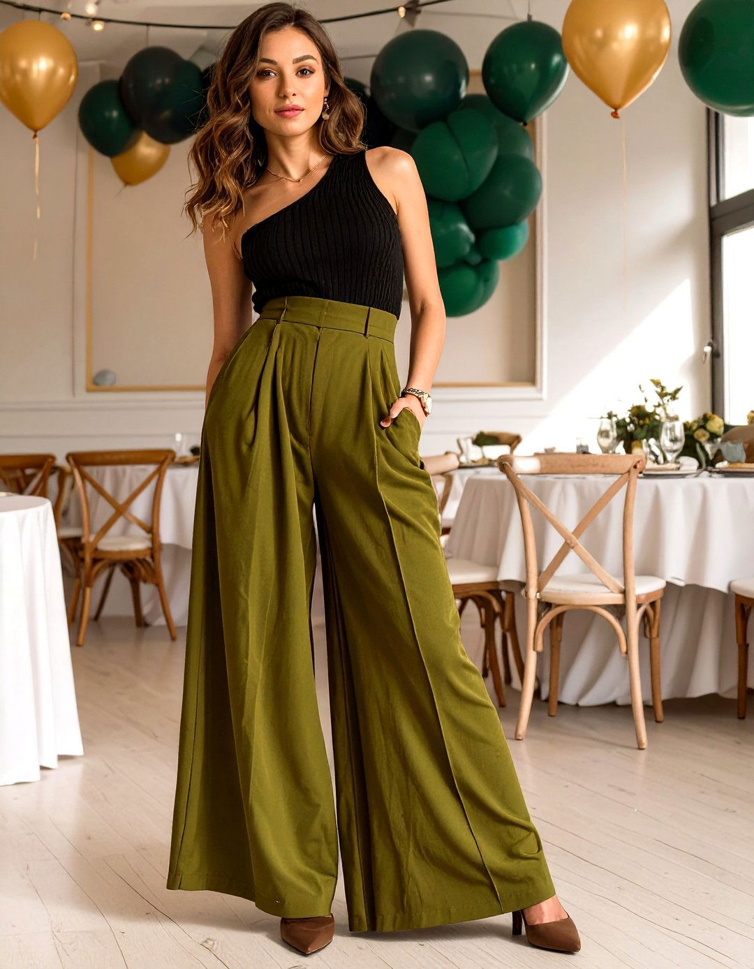 Wide Leg Trousers and a Fitted Top - 30 baby shower outfit ideas