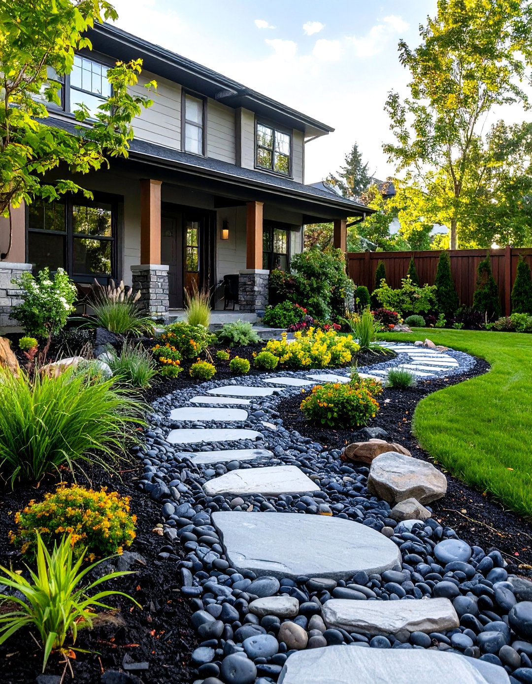 Winding River Rock Pathway - 30 front yard landscaping ideas with rocks no grass