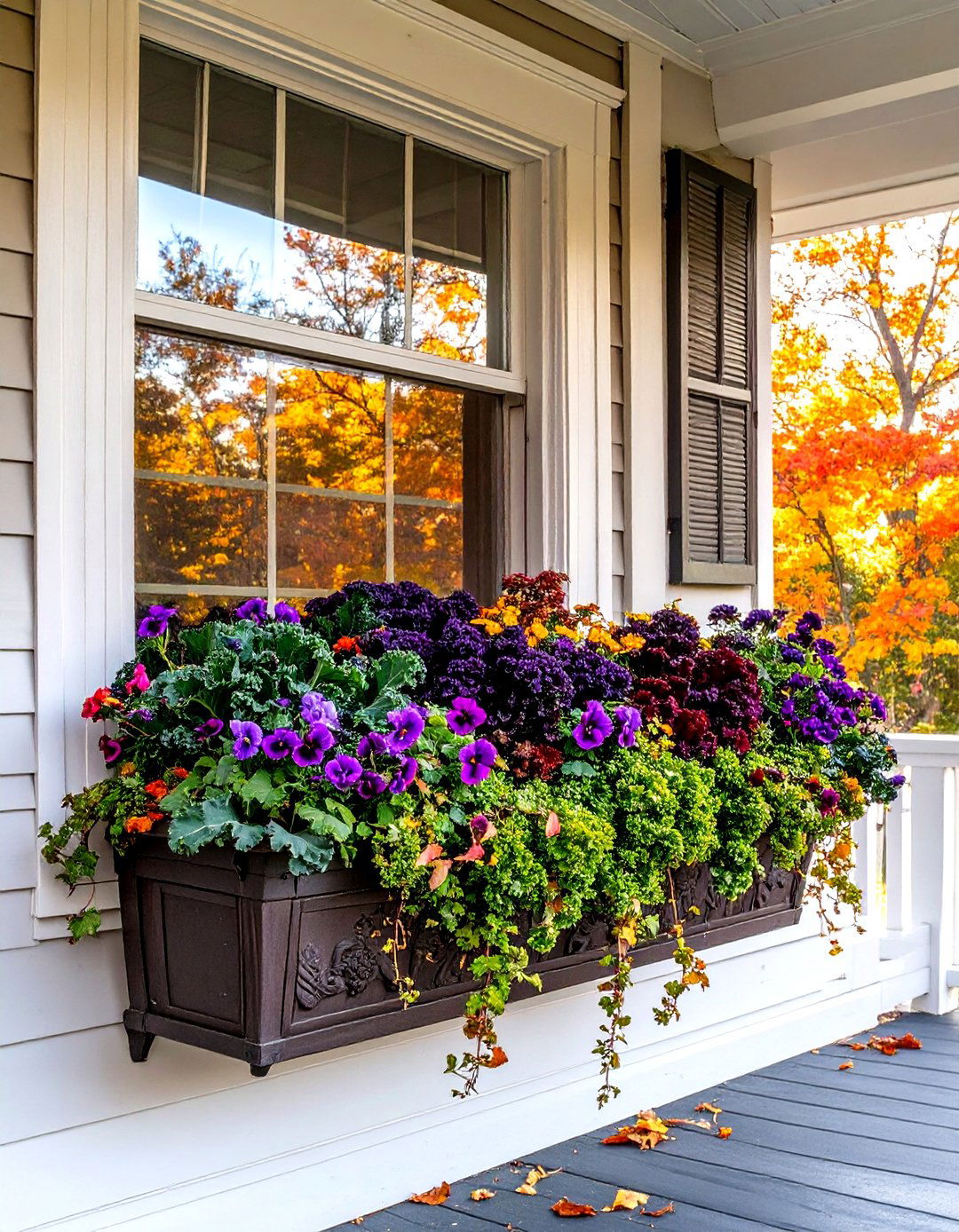 Window Box with Fall Plants - 30 small front porch fall decorating ideas