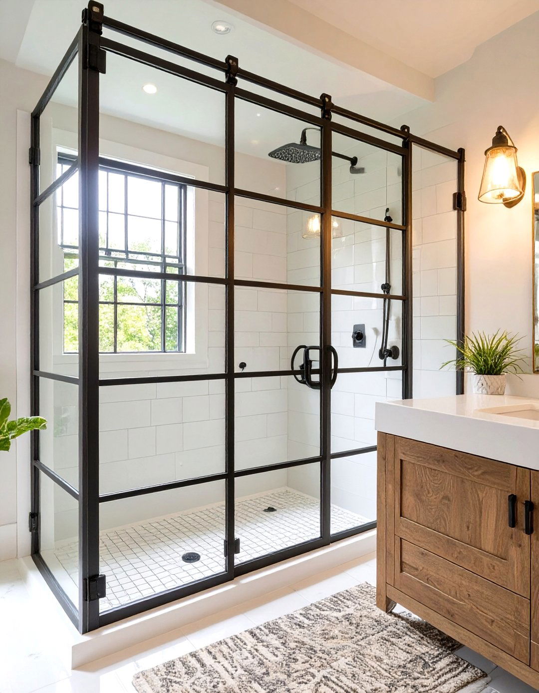 Windowpane Shower Doors - 30 modern farmhouse bathroom ideas