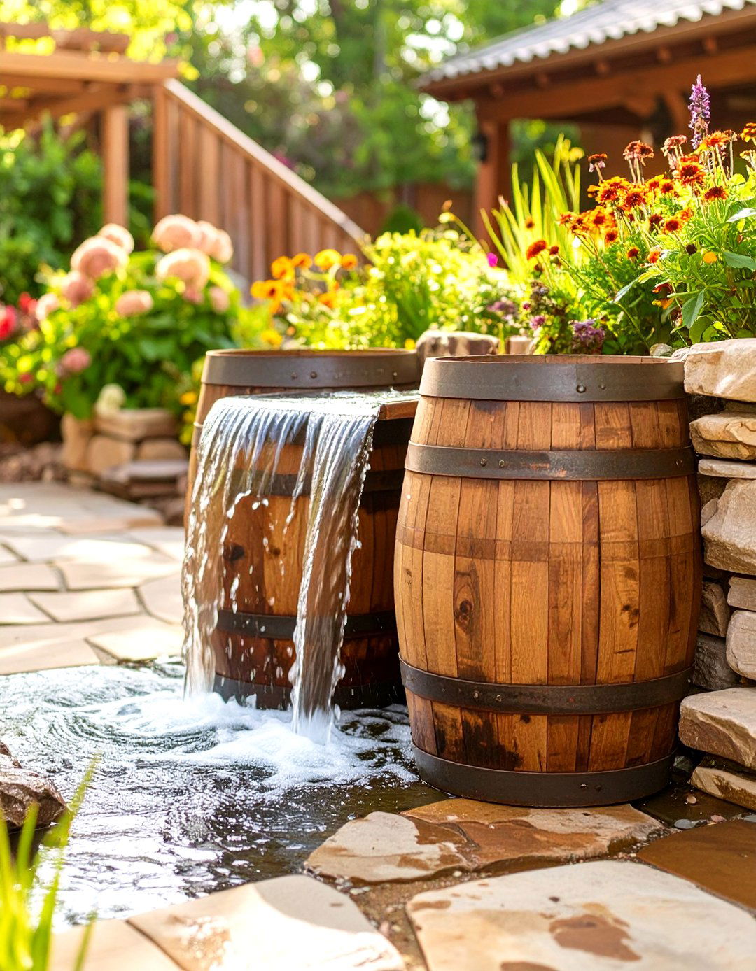 Wine Barrel Waterfall - 30 backyard waterfall ideas
