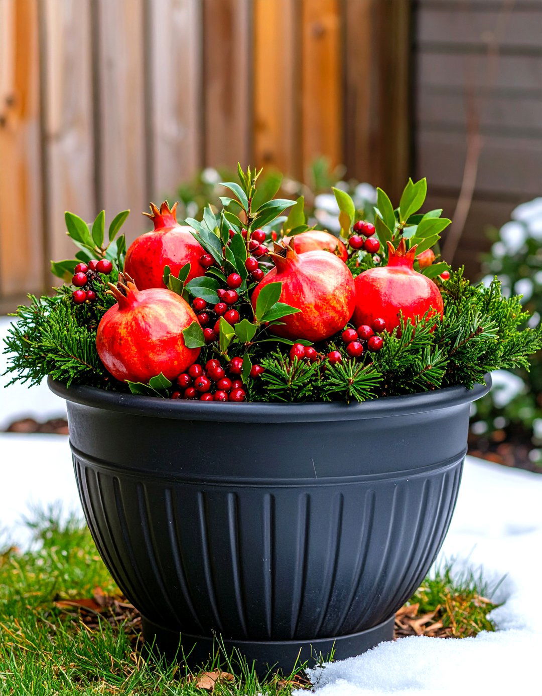 Winter Planter with Faux Pomegranates - 30 outdoor winter planter ideas