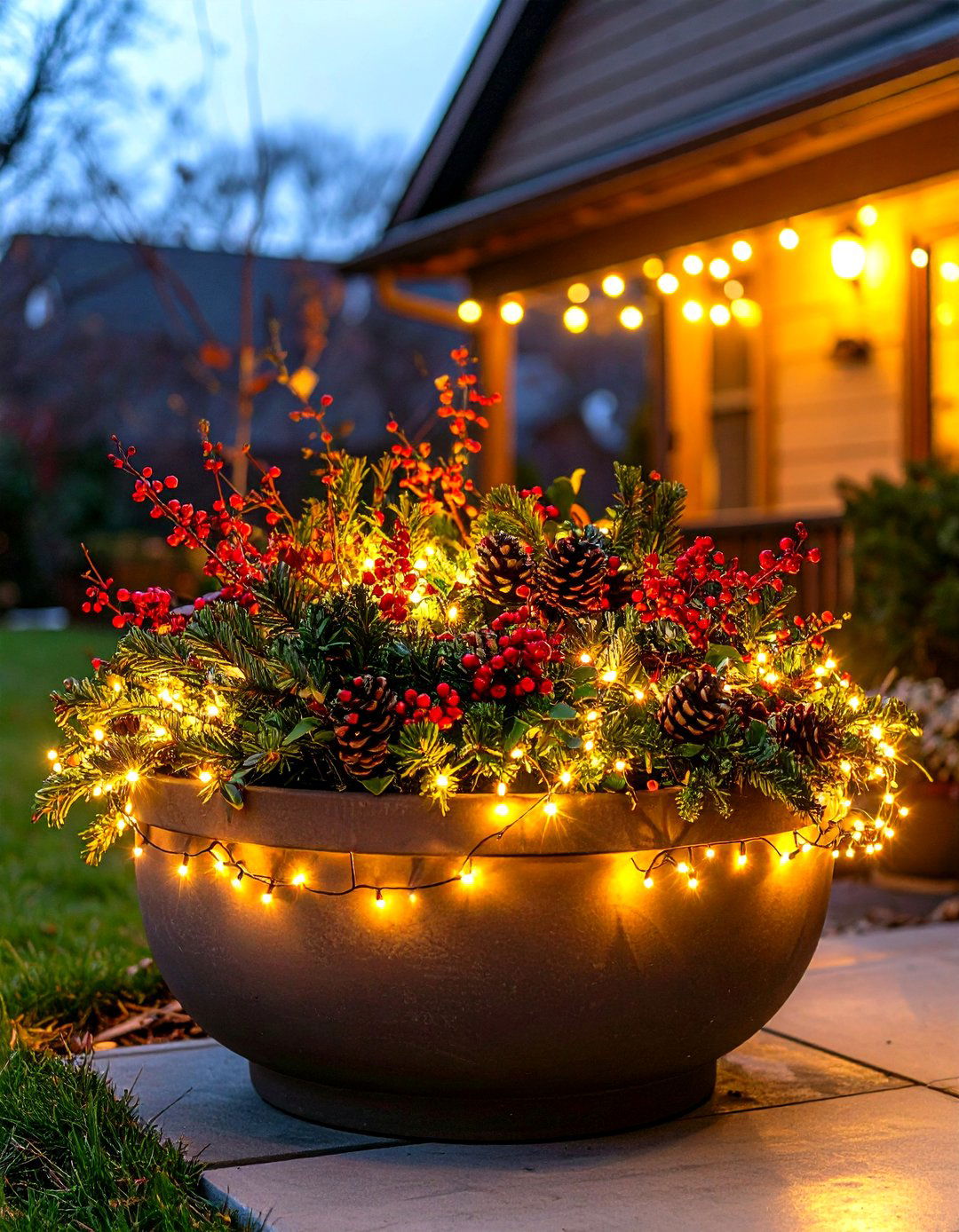 Winter Planter with Outdoor Lights - 30 outdoor winter planter ideas