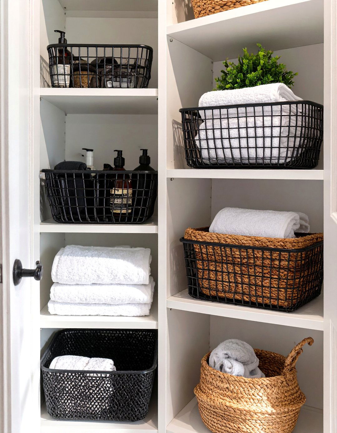 Wire Baskets for Air Circulation - 30 bathroom closet organization ideas