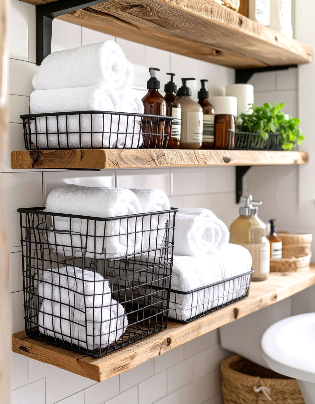 Wire Baskets for Small Farmhouse Bathroom Organization - 30 small farmhouse bathroom ideas