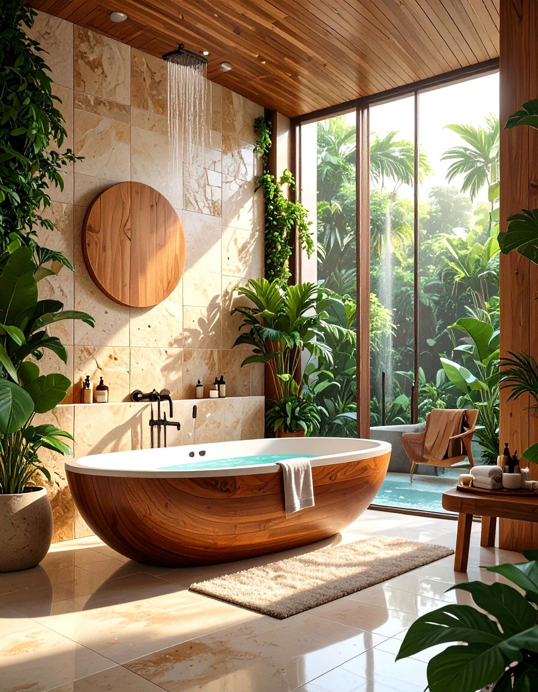 Wood Clad Tub in a Natural Stone Shower - 30 tub in shower design ideas