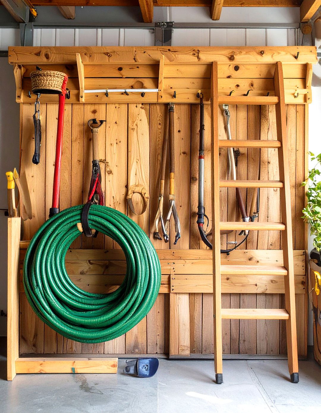 Wood Ladder and Hose Storage Hook - 30 wood garage storage ideas