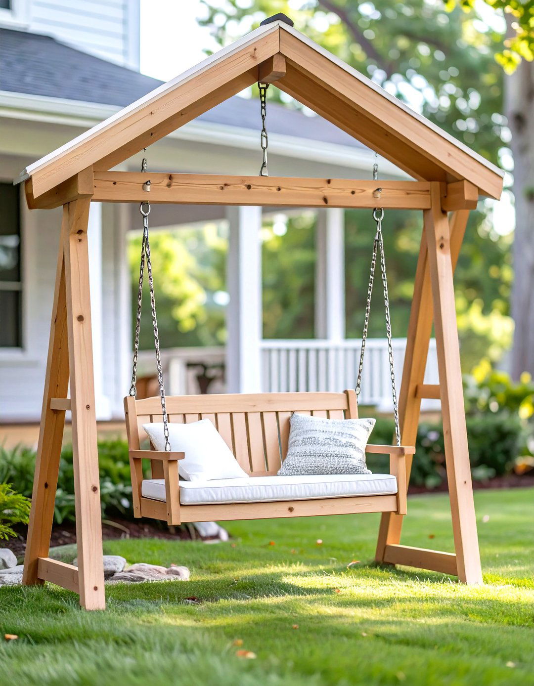 Wood Porch Swing with A Frame - 30 wood front porch ideas