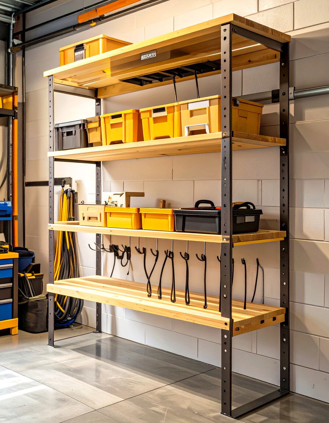 Wood Shelf with Integrated Hooks - 30 wood garage storage ideas