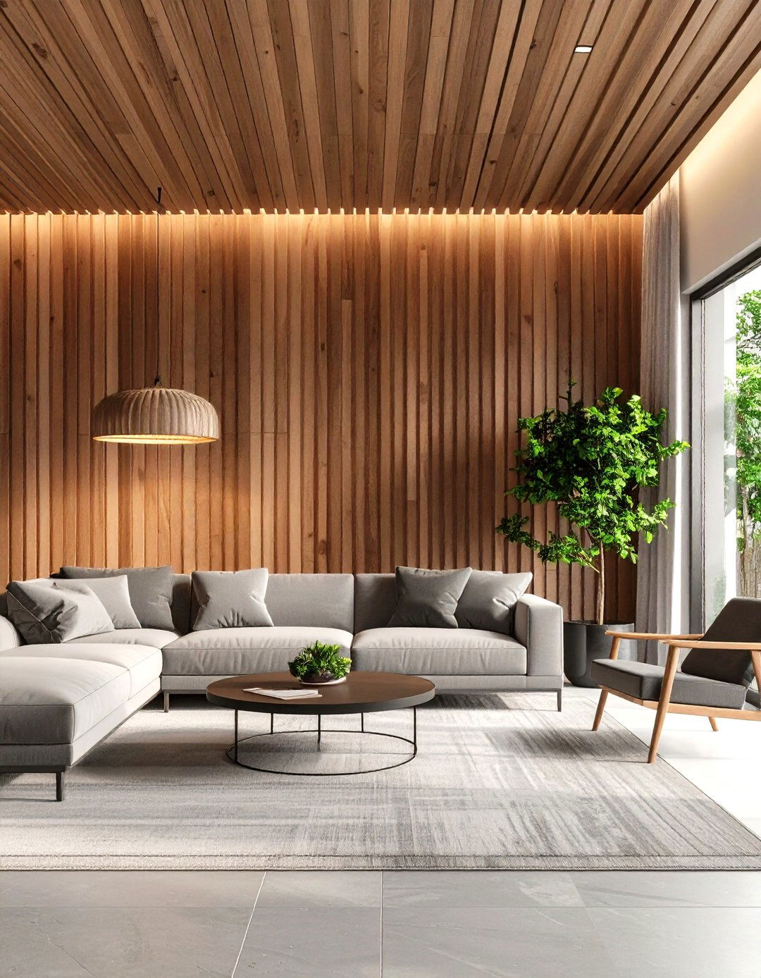 Wood Slat Wall Feature Living Room - 30 living room high ceiling wall decor ideas