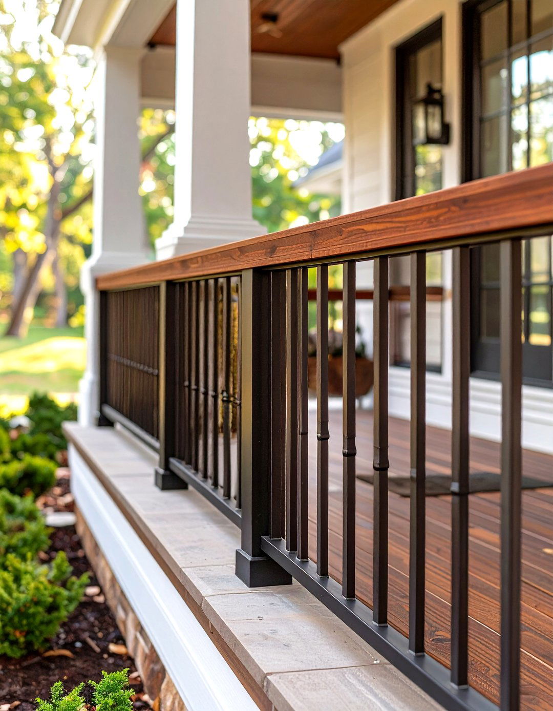 Wood and Metal Baluster Railing - 30 wood front porch railing ideas