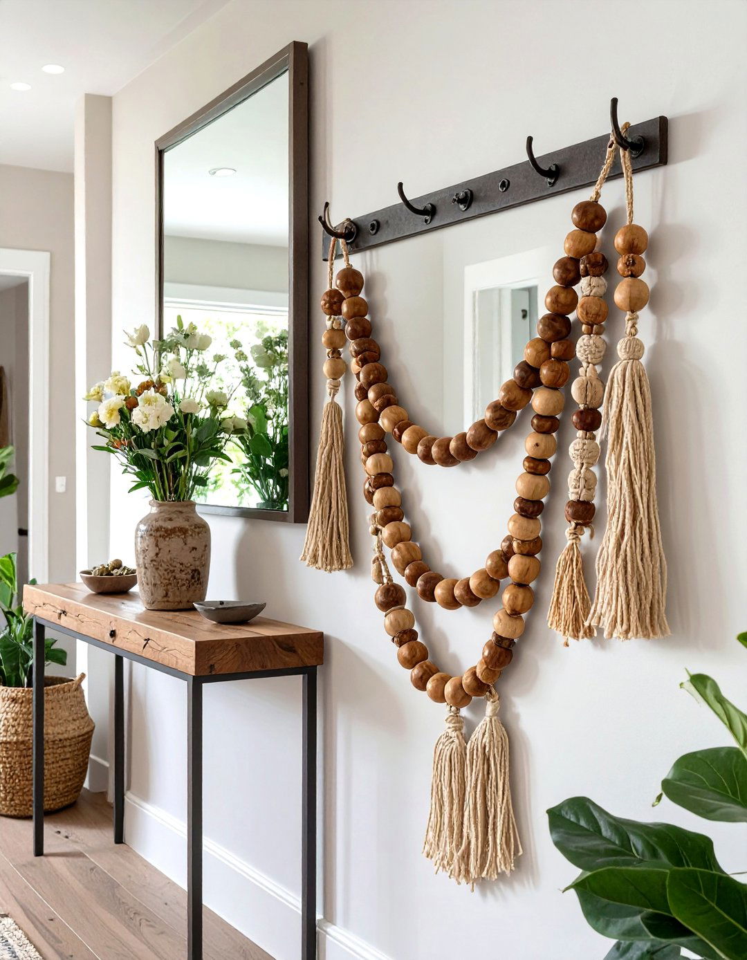 Wooden Bead Garland Display - 30 modern farmhouse wall decor ideas