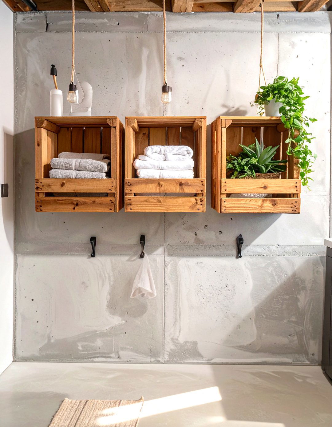 Wooden Crates as Wall Mounted Cubbies - 30 unfinished basement laundry room ideas