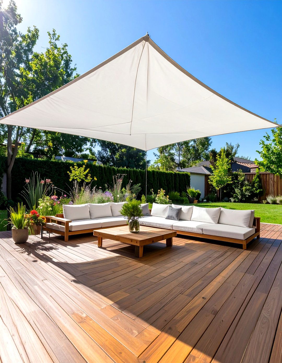 Wooden Deck with a Shade Sail - 30 wooden deck ideas