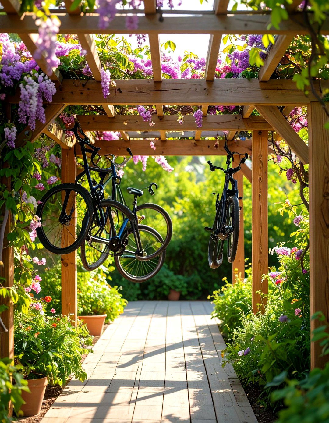 Wooden Pergola with Bike Hooks - 30 outdoor bike storage ideas