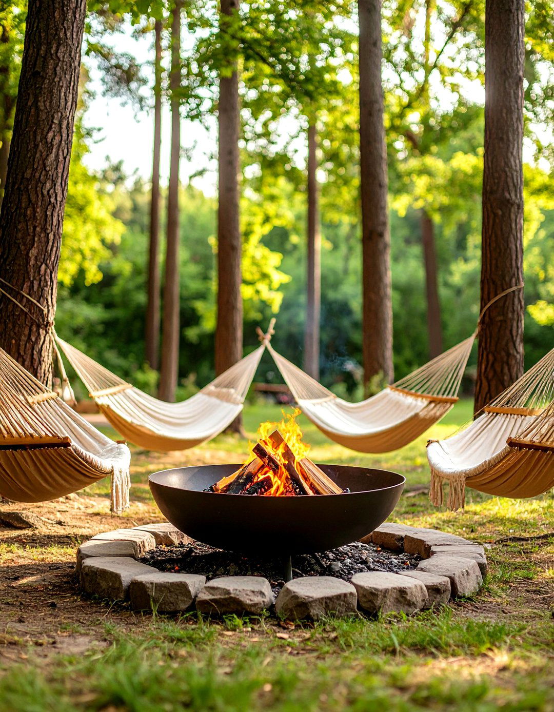Woodland Clearing with Hammock Seating - 30 fire pit landscaping ideas