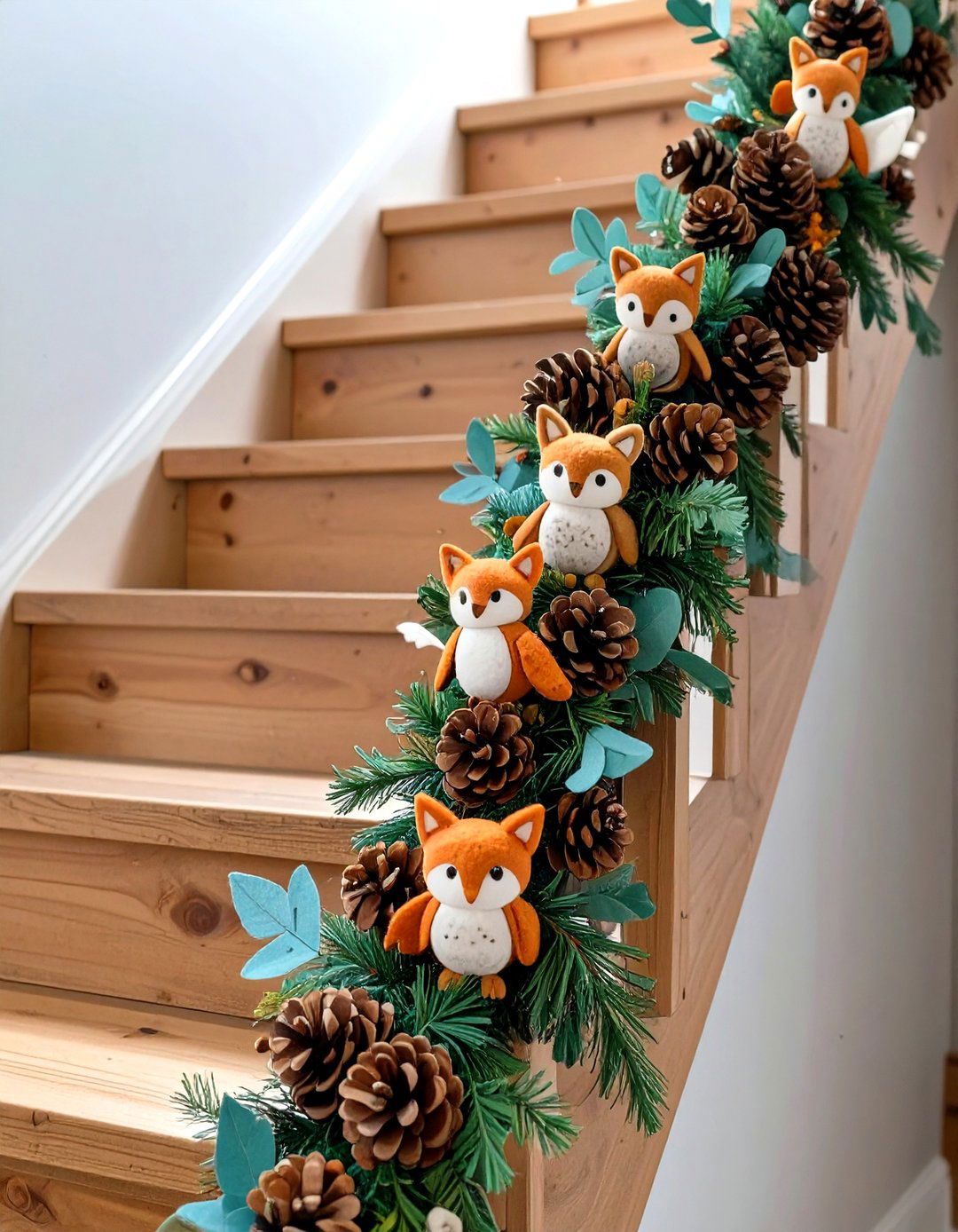 Woodland Creatures and Pinecone Garland - 30 garland on stairs ideas