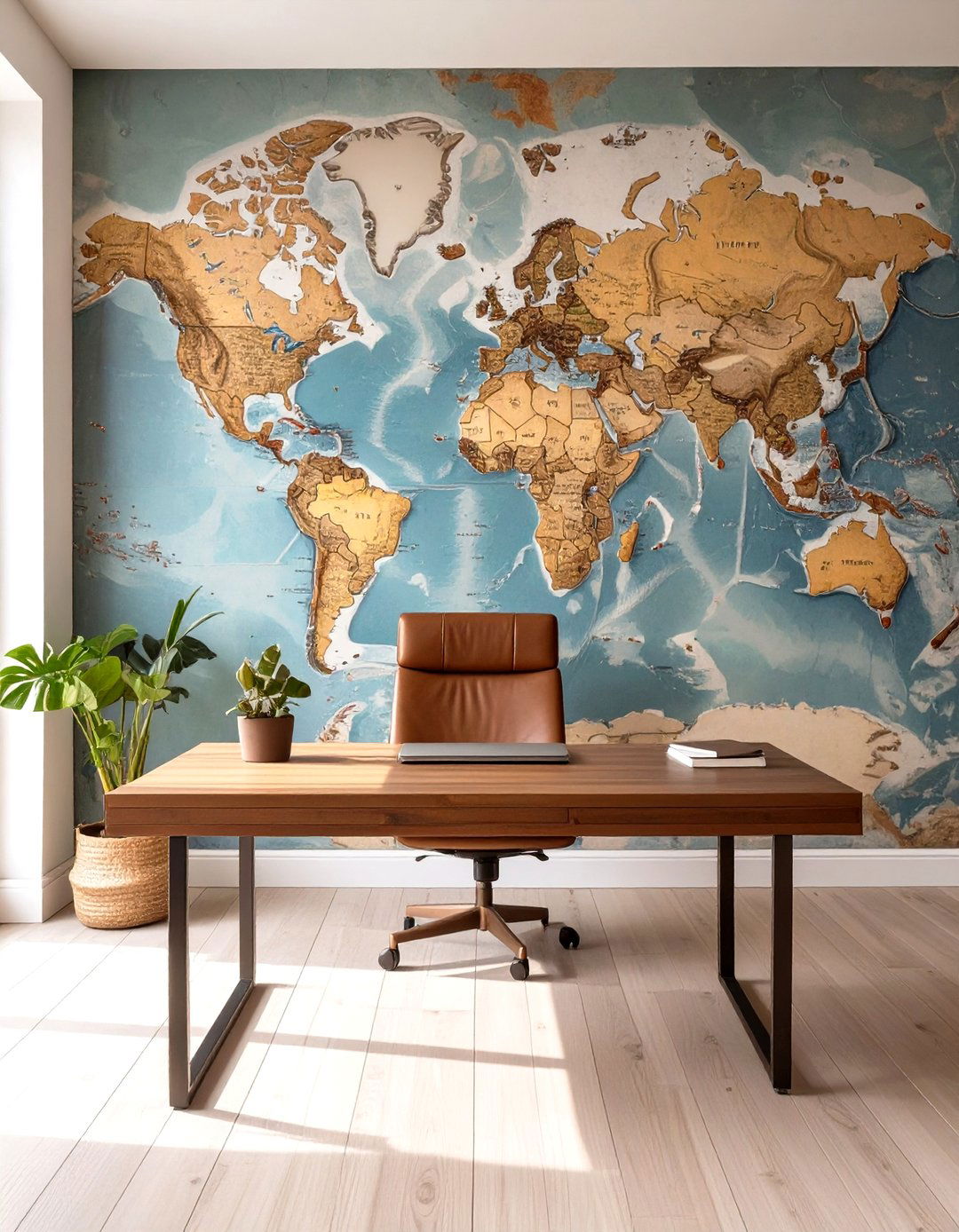 World Map Mural in a Home Office - 30 how to use wallpaper in interior design ideas