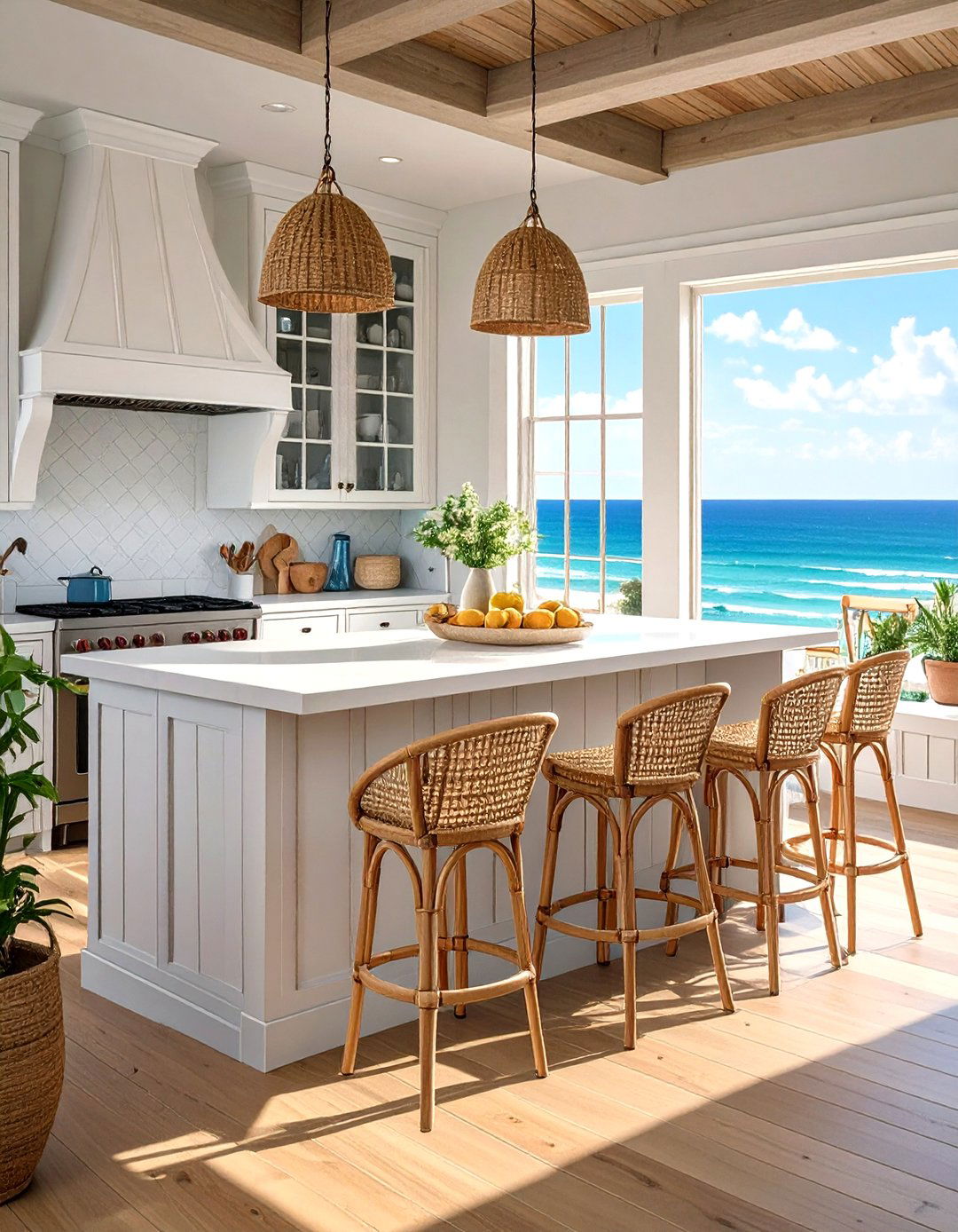 Woven Bar Stools - 30 seaside coastal kitchen design ideas