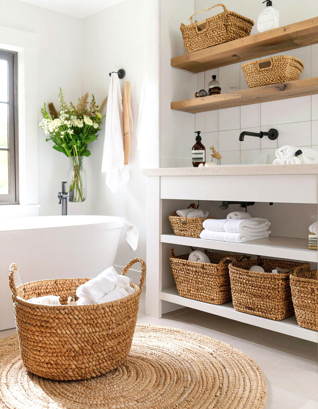 Woven Basket Storage Bathroom - 30 farmhouse bathroom ideas
