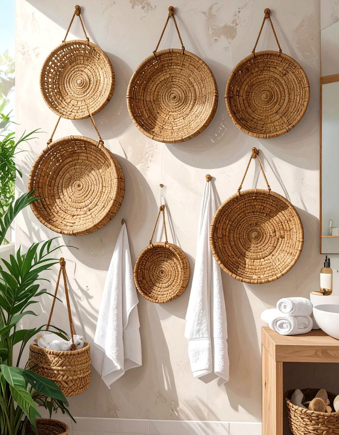 Woven Basket Wall Display - 30 bathroom towel hanging ideas