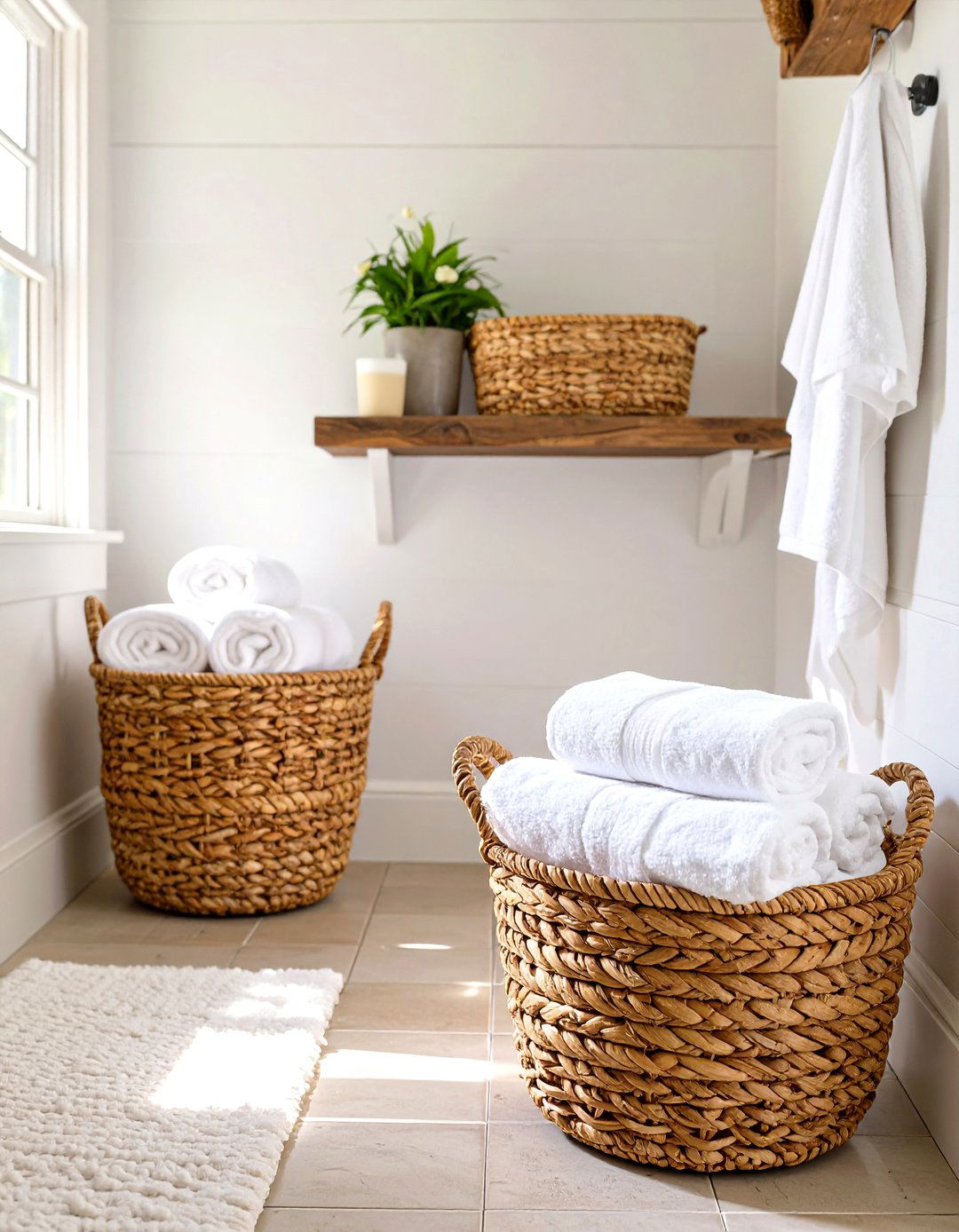 Woven Baskets for Small Farmhouse Bathroom Storage - 30 small farmhouse bathroom ideas