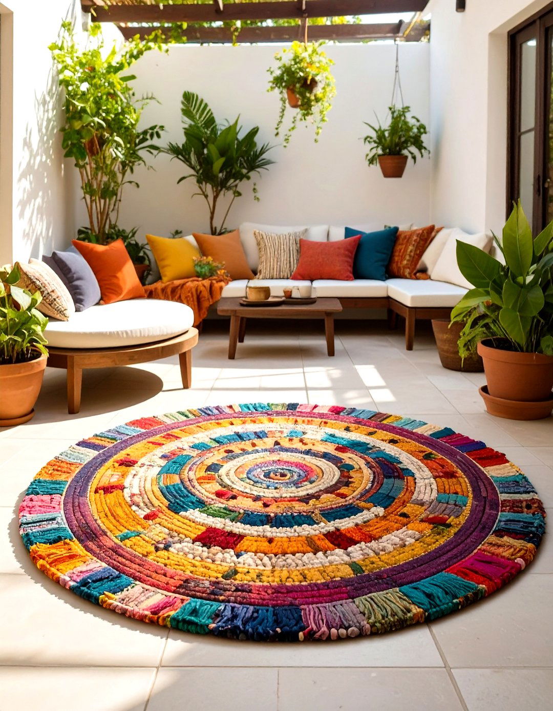Woven Rag Rug for a Pop of Color - 30 outdoor patio ideas on a budget