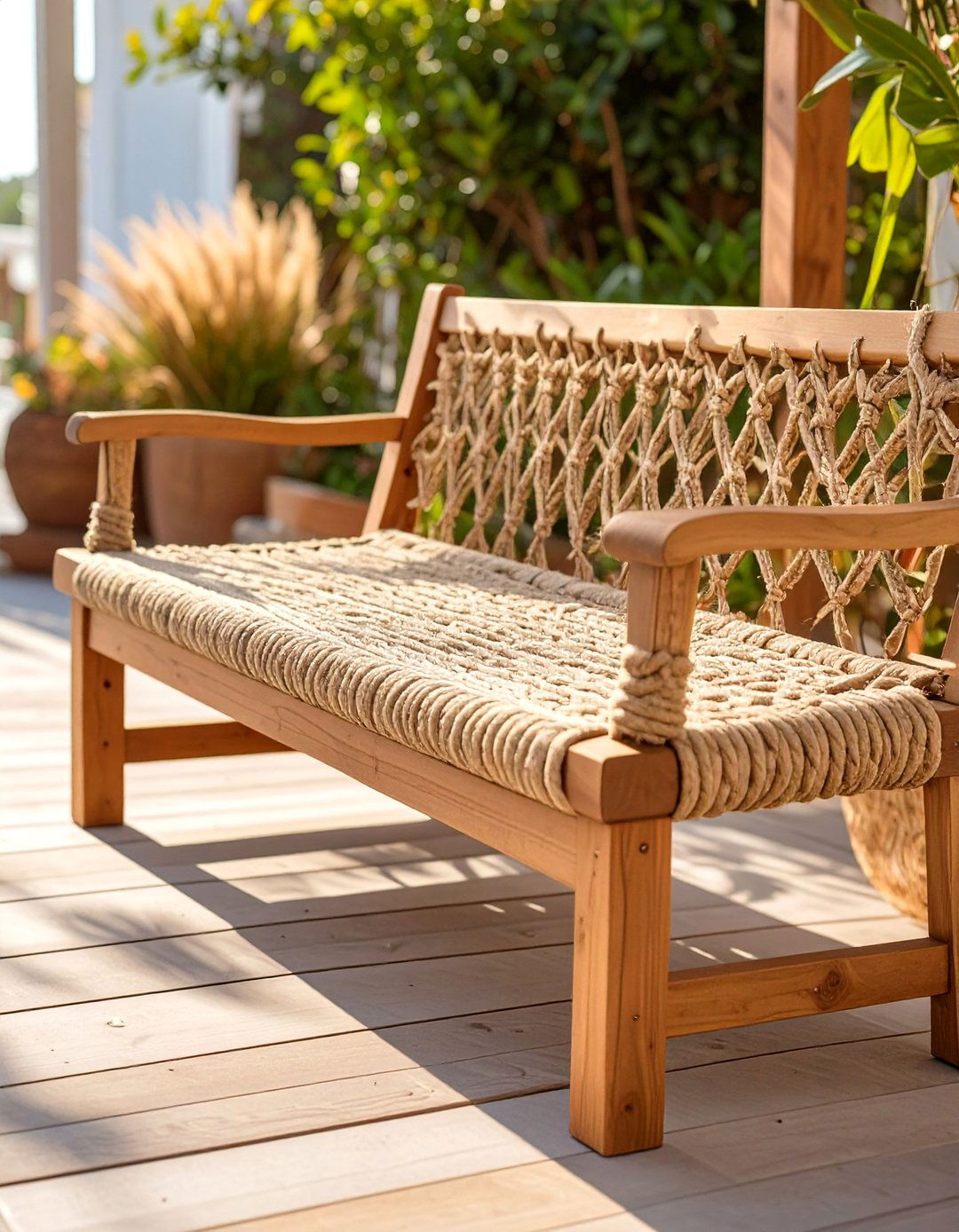 Woven Rope and Wood Deck Bench - 30 deck bench ideas