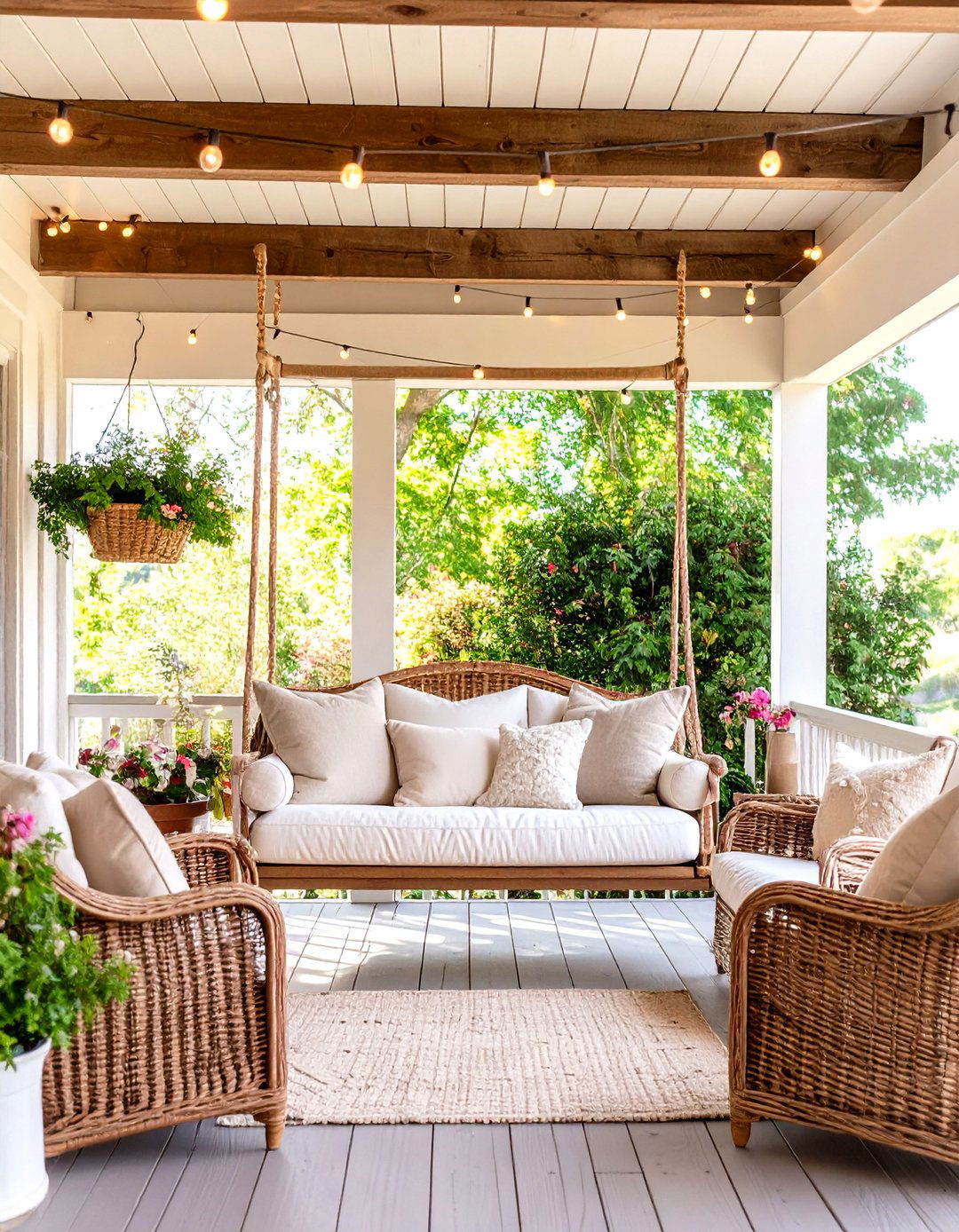 Wraparound Porch with Hanging Swing - 30 farmhouse front porch ideas
